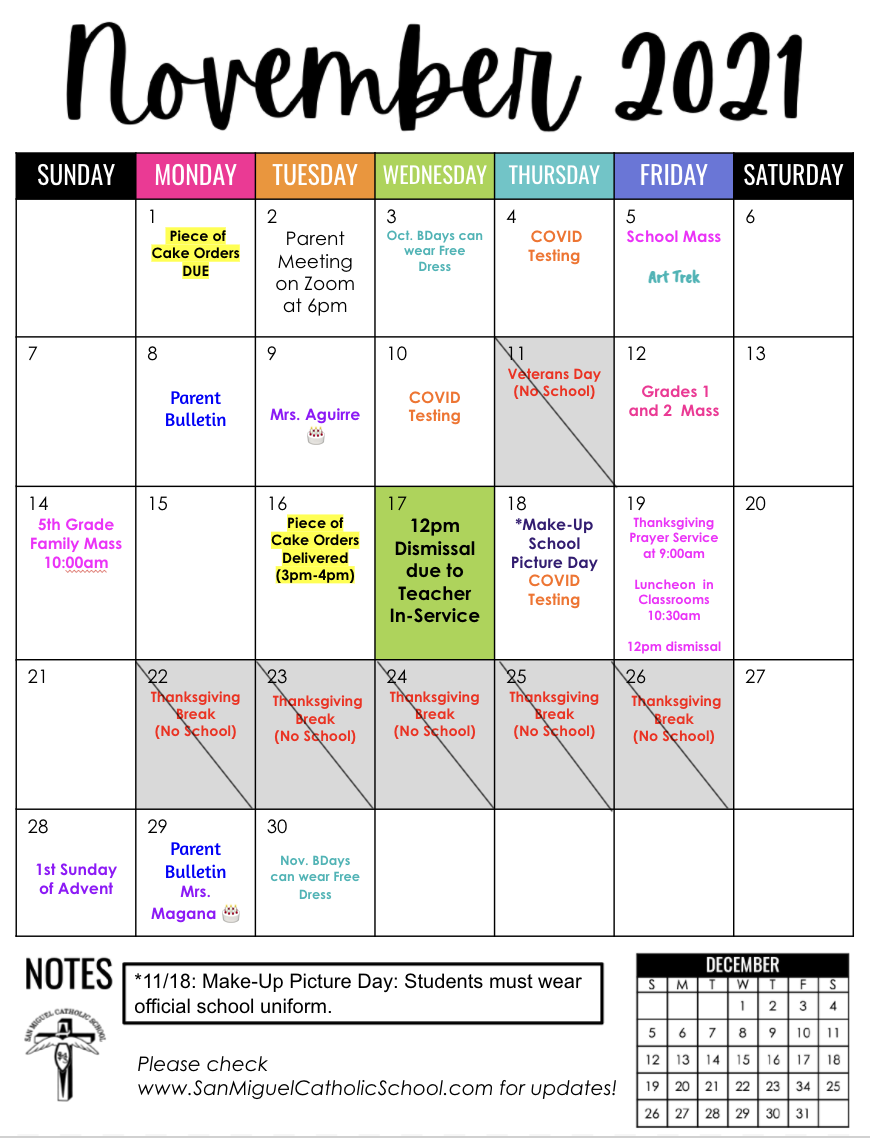 November Calendar | San Miguel Catholic School